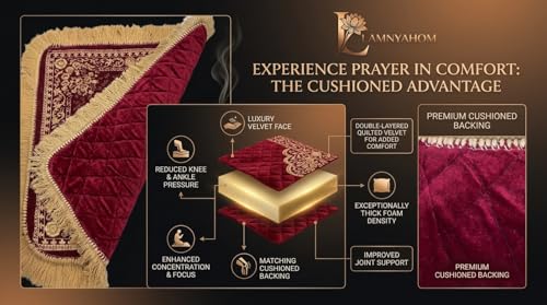 Image of Premium Prayer Mat /Aasan for Home Temple & Meditation | Soft Velvet Touch Cushioned Pooja Mat with Tassels | Washable Floor Rug for Mandir, Yoga, Sitting Mat | 20 x 20 Inch (RED)