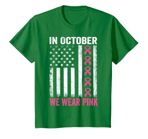 in October we Wear Pink Us Flag Breast Cancer Awareness T-Shirt, Youth, Kelly Green, 4T