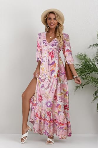 Image of Women Short Sleeve V Neck Floral Print Casual Bohemian Maxi Dresses