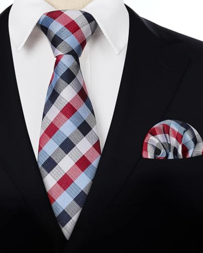 Image of HISDERN Ties for Men Formal Business Plaid Checked Mens Ties and Pocket Square Set Classic Wedding Necktie Handkerchief