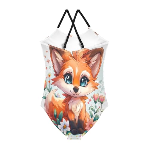Girl Bathing Suits 3-10 Y Beach Apparel, Cute Cartoon Fox Flowers2