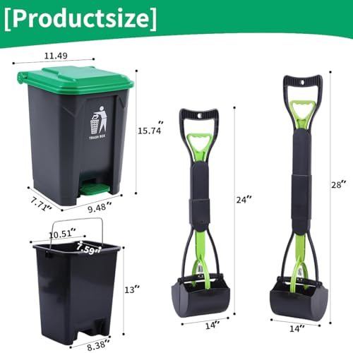 Pooper Scooper 2 Pack with 20 Litre Step Dog Poop Trash Can, 28" Long Handle Dog Poop Scoopers for Large Small Dogs Heavy Duty, Removable Inner Bucket for Outdoors, 50 Waste Bags Included (Green) by ienjoyed - Used condition - Image 2