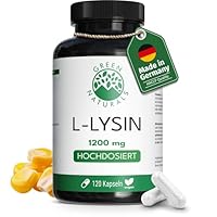 Green Naturals® L-Lysin - Hochdosiert: 1200 mg - 2 Monate Vorrat - Fermentiert aus Mais - 100% natürlich, rein und vegan - Laborgeprüft in Deutschland - 120 Kapseln