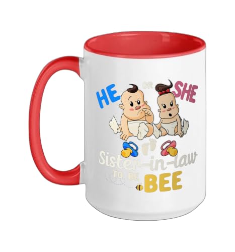 He or She Sister-in-law to Bee Gender Reveal Sis in Law Ceramic Mug, Red/White, 15oz