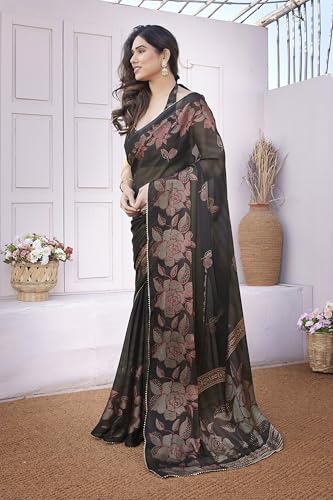 Image of MIRCHI FASHION Saree for Woman Chiffon Foil Work Floral Printed | Ethnic Sari for Function and Farewell with Unstitched Blouse Piece (Available in 15 Colors)