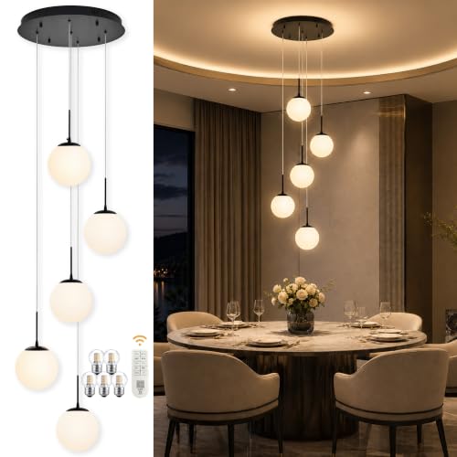 KoKo&Yukina 5-Light Globe Glass Pendant Light Adjustable Length Pendant Lights Fixtures Modern Black Chandelier with Milky White Glass Ceiling Lights for Living Room Staircase (Bulb & Remote Incl.)