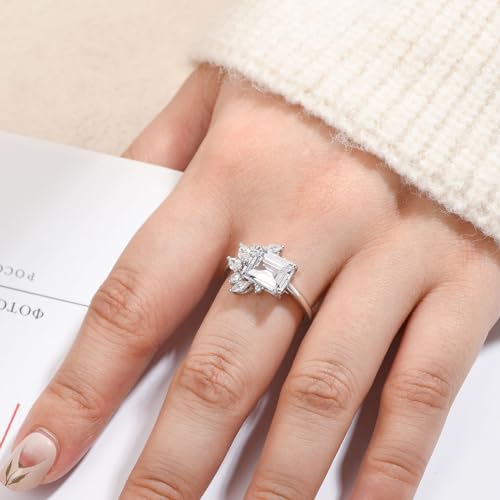 Wuziwen East To West Ring Emerald Cut Solitaire Ring Wedding Engagement Ring for Women 925 Sterling Silver CZ3