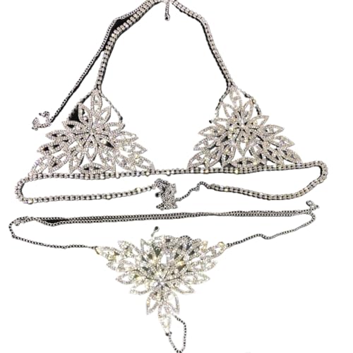 Sexy Diamond Chest Chain Bra Panties Sparkly Rhinestone Body Chain Crystal Bikini Chest Jewelry Lingerie Woman Nightclub Clothing (Silver)