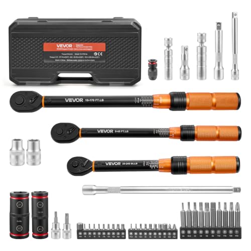 Image of VEVOR Torque Wrench Set 1 /4 inch 3 /8 inch 1 /2 inch Drive Click Torque Wrench 47-Piece, Dual Scale Readings, ±3% High Precision, with Spark Plug Sockets, Bits, Extension Bars, Storage Case, for Automotive Repair
