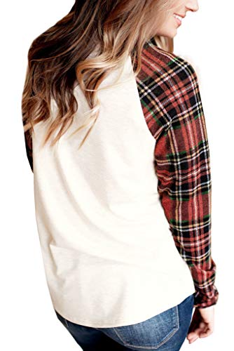Christmas Women Plaid Long Sleeve Party Sweatshirt Color Block Raglan R eindeer Shirt 2XL