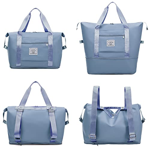 Fioretto Womens Expandable Travel Duffel Bag With Double Shoulder Strap, Sports Tote Gym Bag With Wet Pocket,Weekend Overnight Bags Water-Resistant Carry On Bag Hospital Holdalls Blue #TOP30