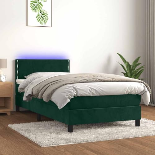 Sommier à lattes avec matelas intégré et éclairage LED, tête de lit réglable en velours vert foncé 80x200 cm, cadre lit adulte chambre à coucher moderne, literie...