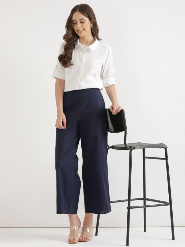 Image of SAADAA Women's Relaxed Fit Mid Rise Airy Linen Wide Leg Pants, High Waist Trousers for Formal, Casual & Office Wear