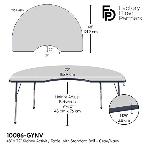 Image of FDP Kidney Activity School and Office Table (48 x 72 inch), Standard Legs with Ball Glides for Collaborative Seating Environments, Adjustable Height 19-30 inches - Gray Top and Navy Edge