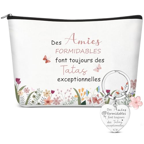 Xuniea 2 Pièces Cadeau pour Tata Porte Clés avec Coeur et Fleurs Trousse à Cosmétiques Amies...