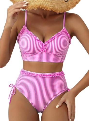 Ensemble de bikini 2 pièces à volants rayés taille haute gainant pour femmes L