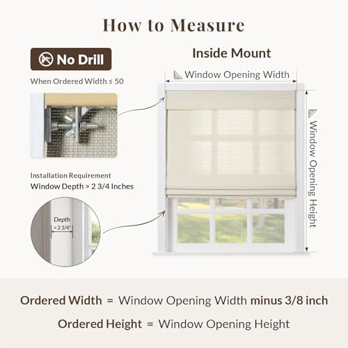 Image of TWOPAGES No Drill Flax Bamboo Blind Natural Cordless Roman Shade for Kitchen Windows Custom Made Light Filtering Blackout Roman Window Shade, Sandstone, 1 Piece