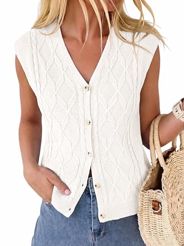 BTFBM Vest Tops for Women Summer V Neck Button Loose Lightweight Cardigan Knit Cap Sleeve Sweater Vests Fashion Clothing(White, Medium)