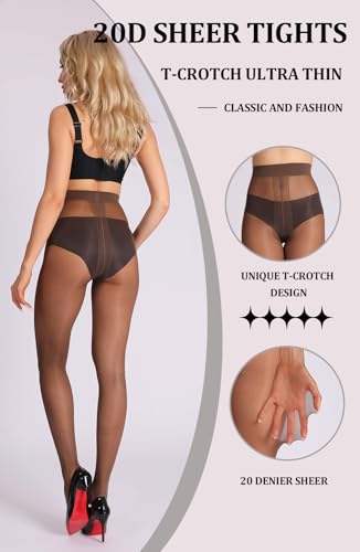 Image of MERYLURE 20D Sheer Black Tights for Women, T-Crotch Ultra Thin Pantyhose High Waist Stockings Reinforced Toes 2 Pairs