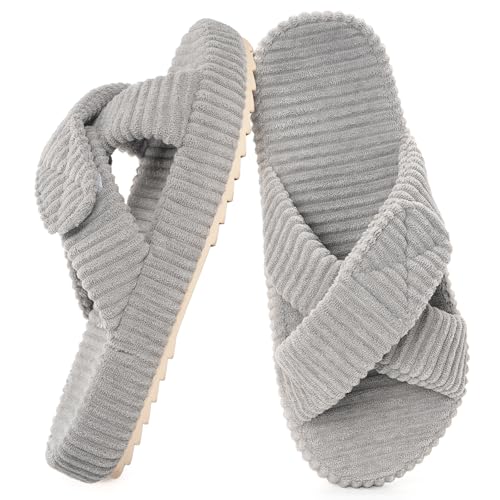Slippers for Women Comfy Memory Foam Adjustable Corduroy Cross Band Open Toe Slip on Bedroom Home House Slides Shoes Indoor Outdoor