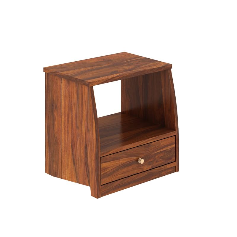 Image of Solid Sheesham Wood Bedside Table with 1 Drawer & 1 Open Shelf Storage for Bedroom, End Table, Side Table for Living Room Home (Natural Finish)