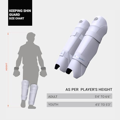 moonwalkr Cricket Wicket Keeping Shin Guards Cricket Guard for Keeper's Height (5'4"-6'6") Wicket Keeping Pads Super Slim Gear Comes with a 3-inch Strap (White, Adult)