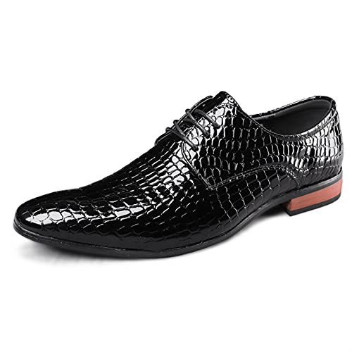 Dress Oxford Shoes for Men Lace Up Crocodile Embossed Derby Shoes Pointed Toe Vegan Leather Non Slip Low Top Anti-Slip Rubber Sole Wedding(Black,10 M US)