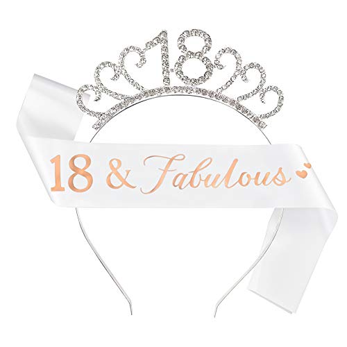 Suithink Diadem zum 18. Geburtstag, glitzernde Satin-Schärpe und Kristall-Tiara, Geburtstagskrone für Damen zum 18. Geburtstag (Silber)