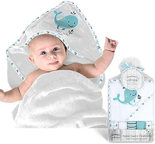 Mother's Choice Hooded Baby Bath Towels Set with 5 Baby Washcloths, Soft and Lightweight Cotton Rich Hooded Baby Towel and Face Cloths for Newborn, Baby Essentials For Newborn Boys And Girls, Dolphin