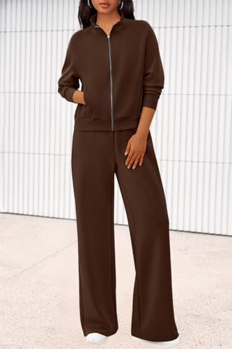 PRETTYGARDEN Women's 2 Piece Outfits Fall Sweatsuits Zip Up Sweatshirt Wide Leg Sweatpants Casual Tracksuit Lounge Sets3
