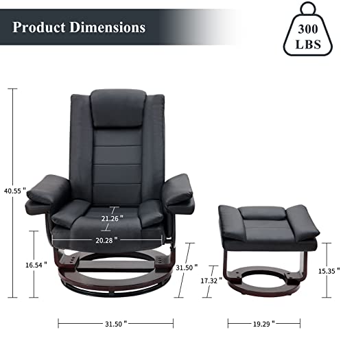 Kinmars Recliner Chair With Ottoman Pu Leather Recliner With 360 Degree Swivel Footrest Accent Lounge Chair Armchair With Wood Base For Living Room, Bedroom, Reading Room (Black) #TOP2