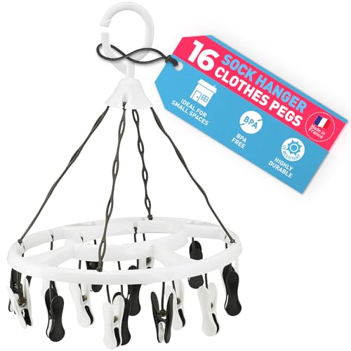 culiclean Sock Hangers for Drying – Washing Line Sock Hanger with 16 Pegs – Sock Dryer with Pegs for Laundry and Underwear – 1 Hanger – white-black-white