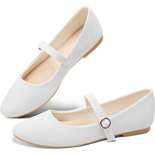 Obtaom Mary Jane Flat Shoes Round Toe Ballet Flats for Women Dressy Fabric Business Flats Comfortable Classic Strap Flats for Office(White,US8)