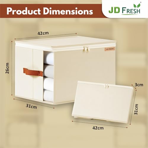 Image of JD FRESH Fabric 2 Pcs 30 Liters Cloth Organizer for Storage /Foldable Cloth Storage Box with Handles /Almirah Organizer with Transparent Window /Wardrobe Organizers for Clothes /Sarees /BedSheets -Beige