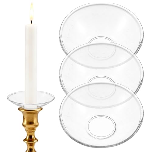 PEOVLVN 3 Pcs Candle Drip Protectors, Glass Bobeches for Candlesticks Candle Wax Catcher Rings for Candlesticks Holders Wedding Party Church Home Table Centerpiece (Round, Clear)