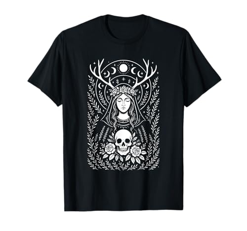Image of Mystical Pagan Goddess, Moon Phases, Witchcore Skull T-Shirt
