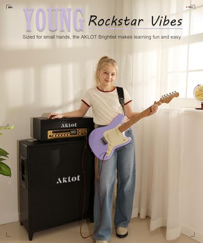 Image of AKLOT Mini Kids Electric Guitar: 3 /4 Size Guitar Kit for Beginners, 1.5in Narrow Neck for Small Hands, Easy to Play, Age 6-12, 36 inch, 10W Amp, Gig Bag, Strap, Cable, Picks & Lesson Book(Purple)