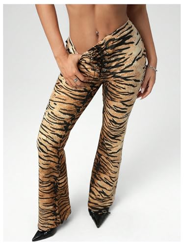 MakeMeChic Women's Leopard Print Pants Lace Up Bell Bottom Flare Y2k Trousers2