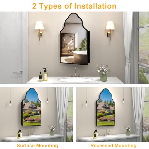 Image of 20 inchx32 inch Irregular Medicine Cabinet with Mirror, Recessed or Surface Mount Black Arched Medicine Cabinet for Bathroom, Artistic Decorative Mirror with Storage, Full Metal, Easy Installation