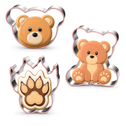 Lubtosmn Bear Cookie Cutter Set - 3 Piece: Bear Head, Paw & Diswasher Safe Shapes For Baby Shower & Birthday Baking