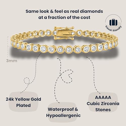 KISPER Tennis Bracelet for Women - 24K White Gold or Gold Plated Round Cut AAAAA CZ Bezel Set 3mm, Waterproof Jewelry Gift, 6.5/7/7.5 Inch3