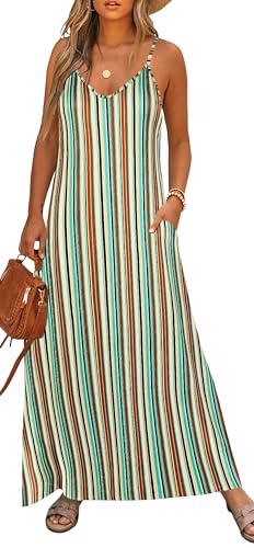 Image of Bluetime Women Summer Spaghetti Strap Maxi Dress V-Neck Sleeveless Flowy Boho Floral Beach Long Dress with Pockets