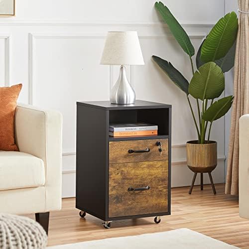 Yaheetech Mobile File Cabinets 2-Drawer Wood Filing Cabinet Mobile A4 Letter Size File Organization Unit Printer Stand for Home and Office, Black/Rustic Brown