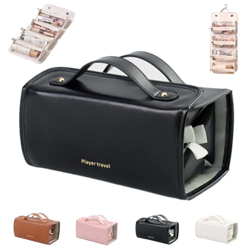 Binozinco - Bolsa de maquillaje impermeable de cuero, bolsa de maquillaje plegable 4 en 1, bolsa de maquillaje plegable de gran capacidad, bolsa de aseo portátil de viaje para mujeres, Black, moderno
