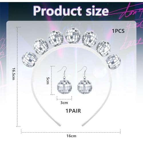 Goiern 1 Paar Disco Ohrringe 1 Stück Disco Stirnband Kugelkopf mit Reflektierender Spiegelkugel Ohrringe Zubehör Discokugel Stirnband Ohrringe für 70er 80er Jahre Disco