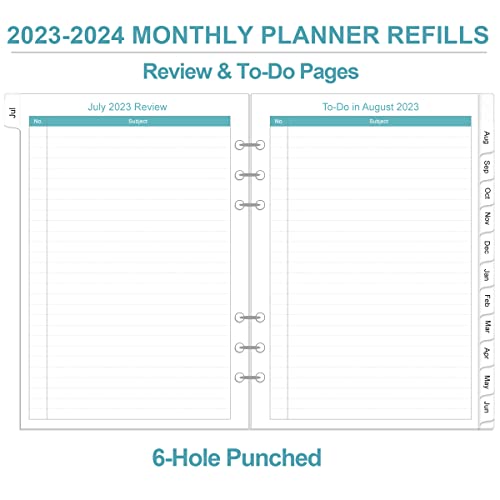2023-2024 Monthly Planner Refill For A5 Binder, 18 Months Refill Planner Runs From July 2023 To December 2024, Two Pages Per Month, 6-Hole Punched Planner Refills With Tabs, 5.8" X 8.3", Teal Leaf #TOP2