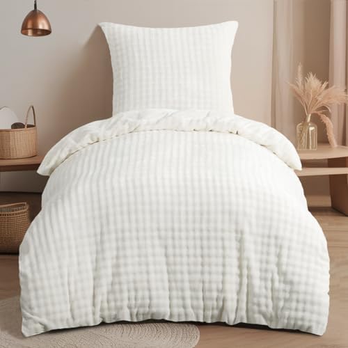 RUIKASI Winter Plüsch Bettwäsche 135 x 200 Flanell 2teilig Weiß, Oeko-TEX | Warme 3D Bubble Fleece Kuschelig Flauschig Winterbettwäsche, Bettbezug mit Reißverschluss und 1 Kissenbe