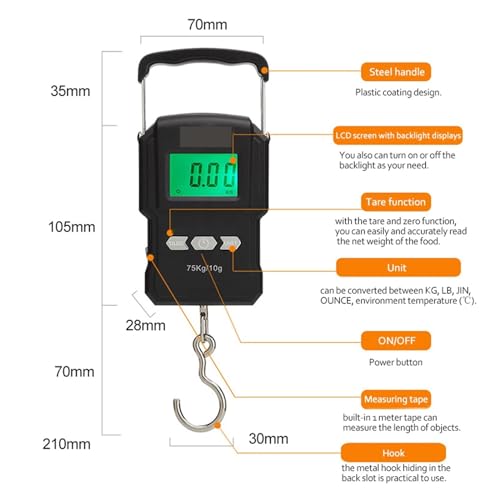 Portable Digital Crane Scale, LCD Fishing Hanging Scale, Travel Weight Scale for Luggage, Suitcase, and Baggage - 75Kg/10g and 50Kg/5g Capacity