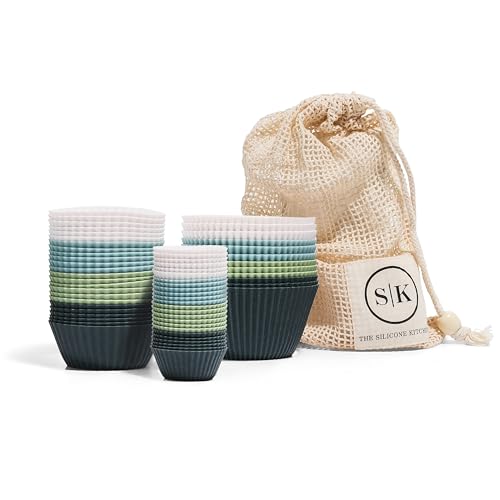 Image of The Silicone Kitchen Reusable Silicone Baking Cups Gift Set Bundle, 24 Regular, 12 Jumbo, 24 Mini, Blue, Green, White