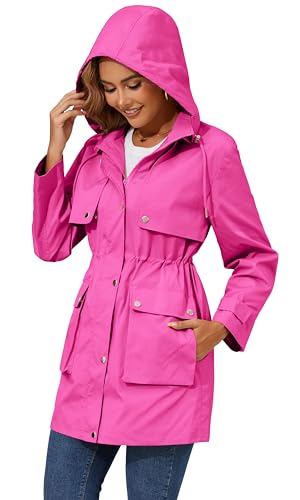 PESION Women's Waterproof Long Rain Jacket Lightweight Raincoat Lined Windbreaker Trench Coat for Outdoor Travel Hiking
